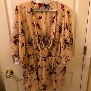 Pink Floral Faux Wrap Blouse